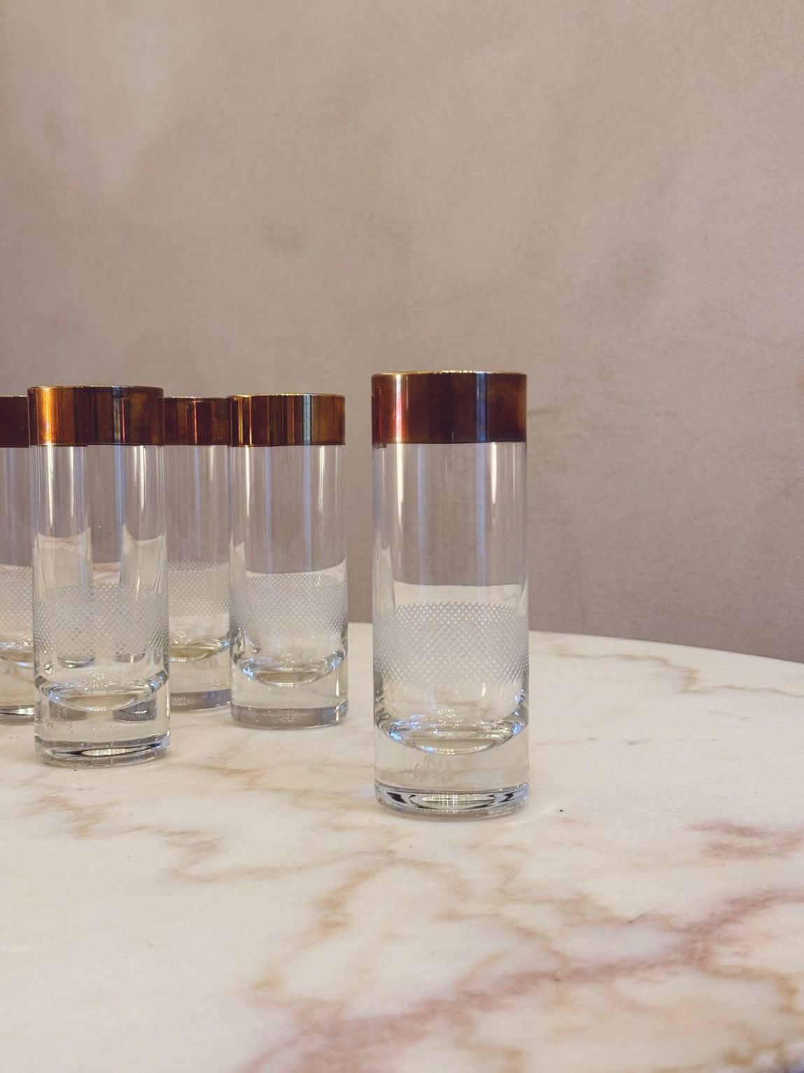 Set of six 1970s Gold topped Aperitivo glasses