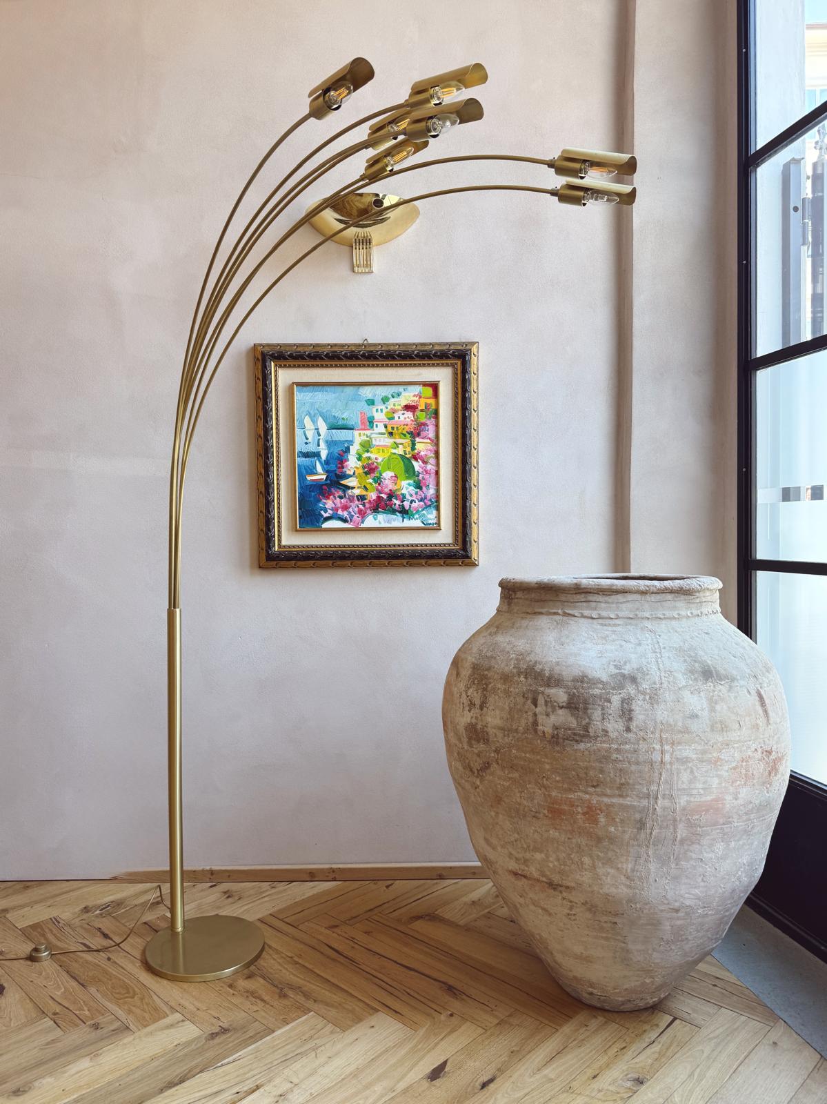Large 1970s Brass Floor Lamp with curved metal branches