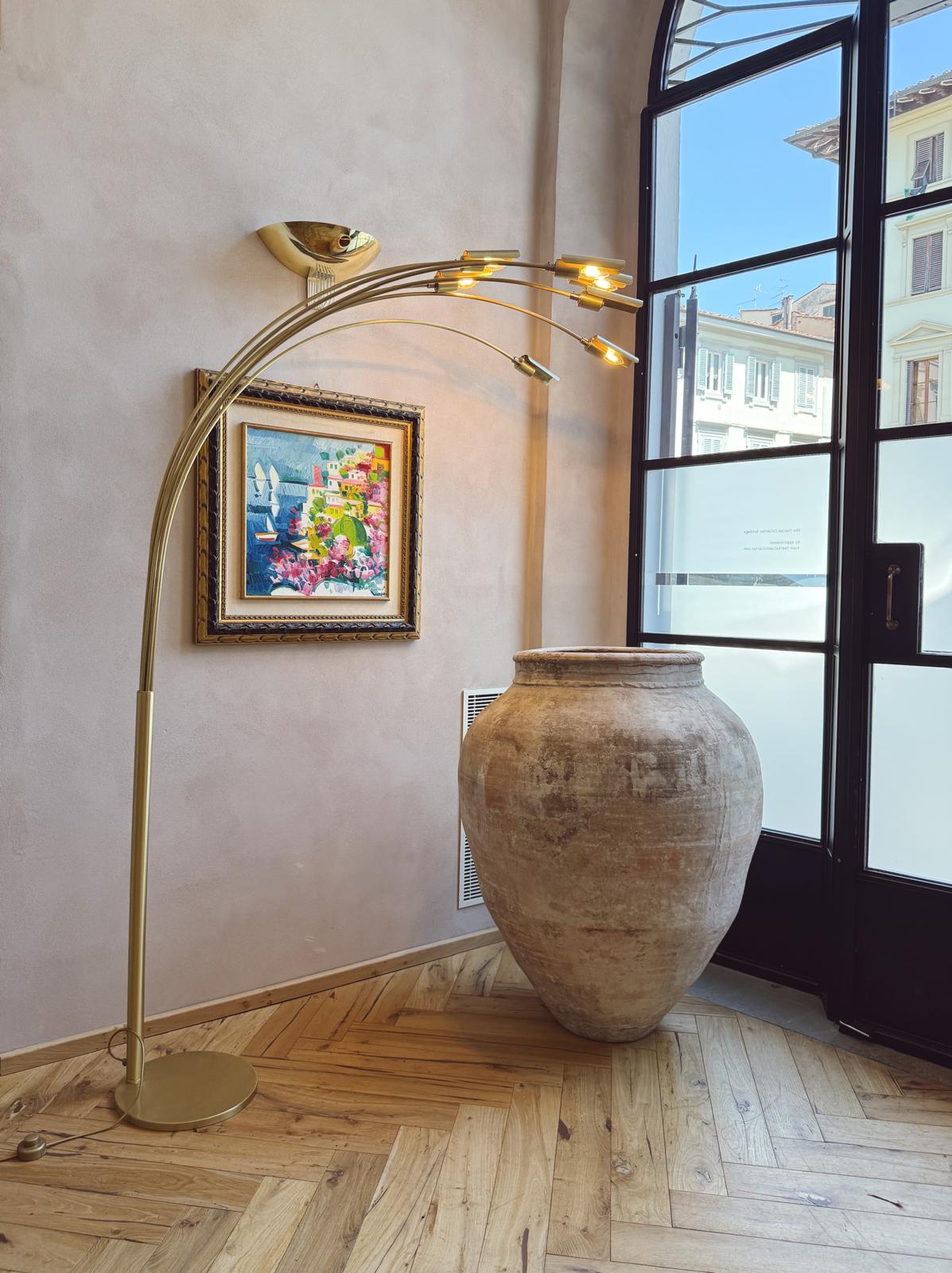 Large 1970s Brass Floor Lamp with curved metal branches