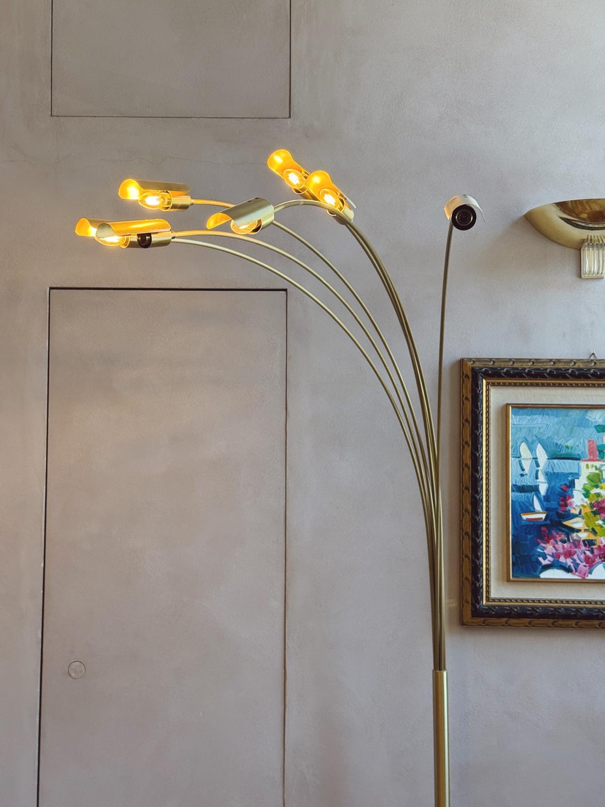 Large 1970s Brass Floor Lamp with curved metal branches