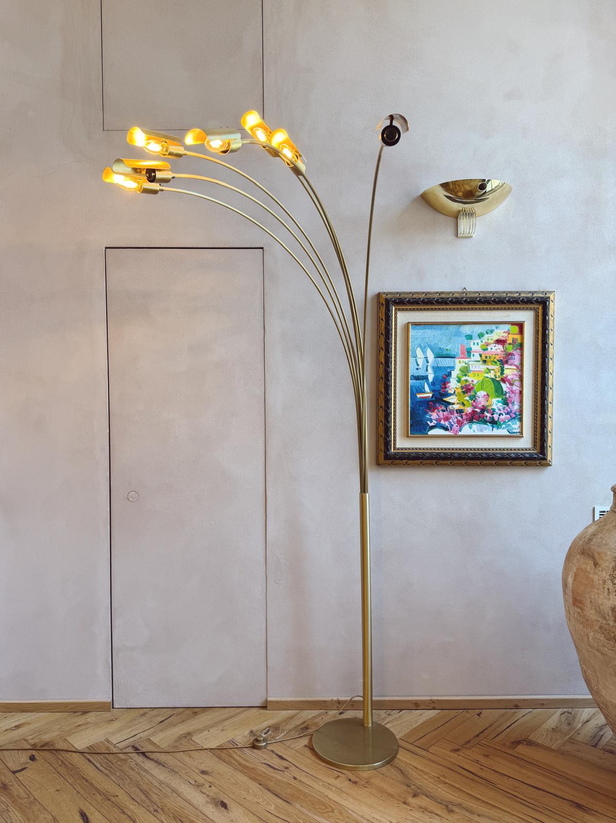 Large 1970s Brass Floor Lamp with curved metal branches