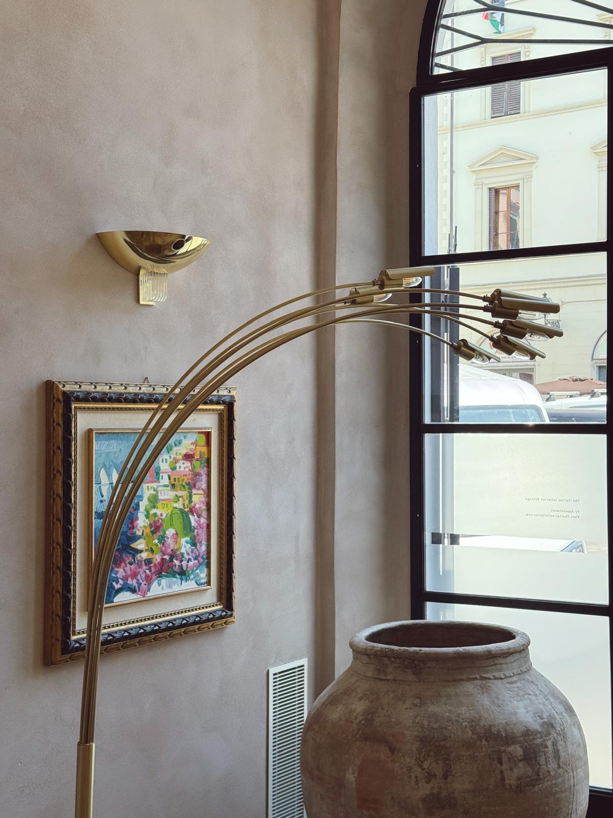 Large 1970s Brass Floor Lamp with curved metal branches