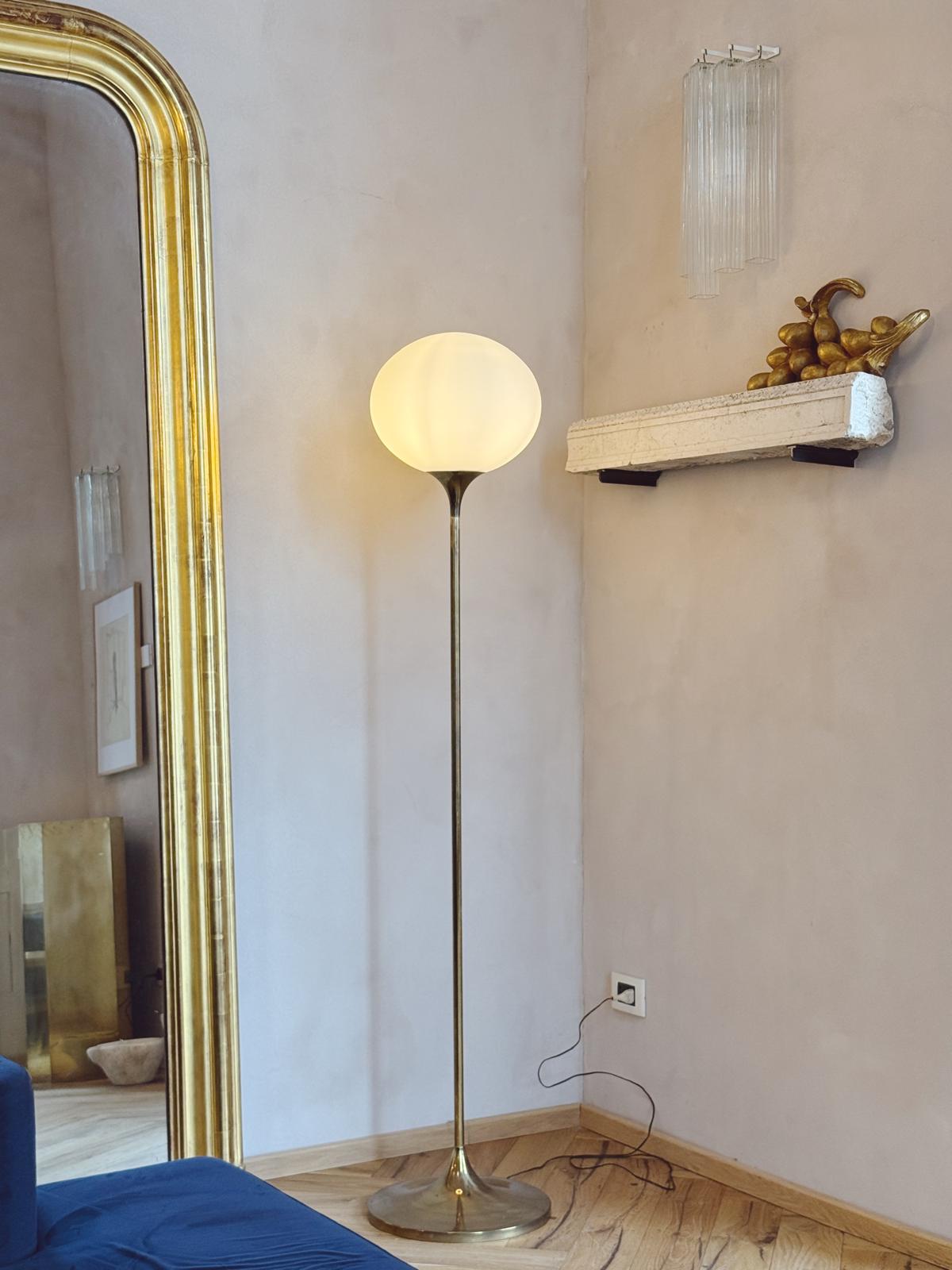 1970s Brass Floor Lamp with Large Glass Frosted Ball