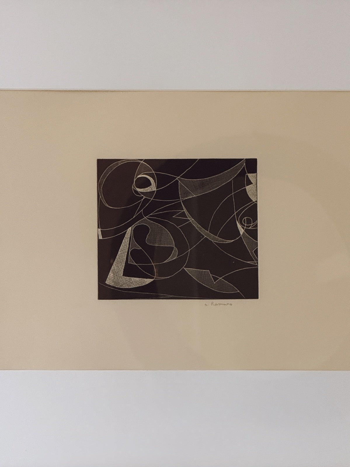 White on black, Small Square Fine Abstract, Lithograph, 1976 A. Romano