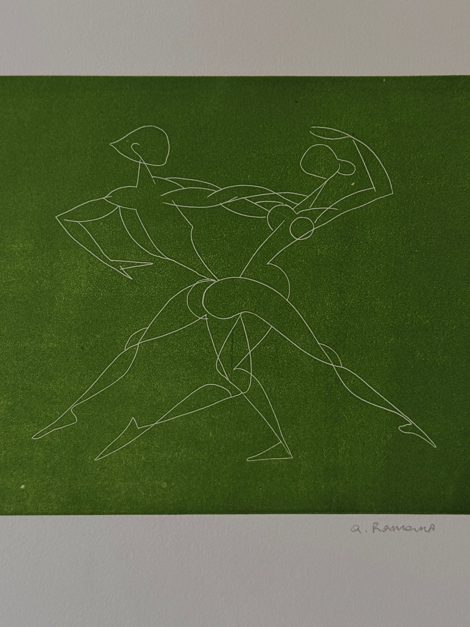 White on green, Abstract Dancers, Lithograph, 1976 A. Romano