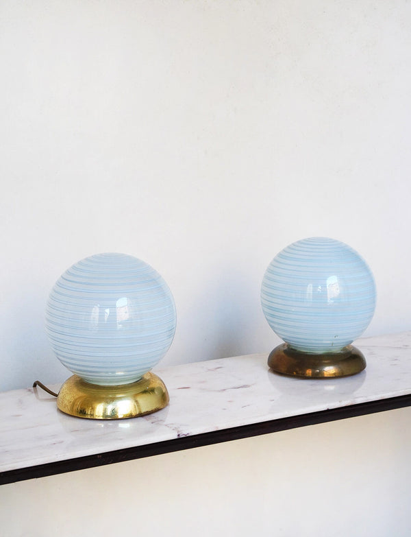 Pair of 1960s Pale Blue Striped Hand-blown Murano Glass Ball Lights