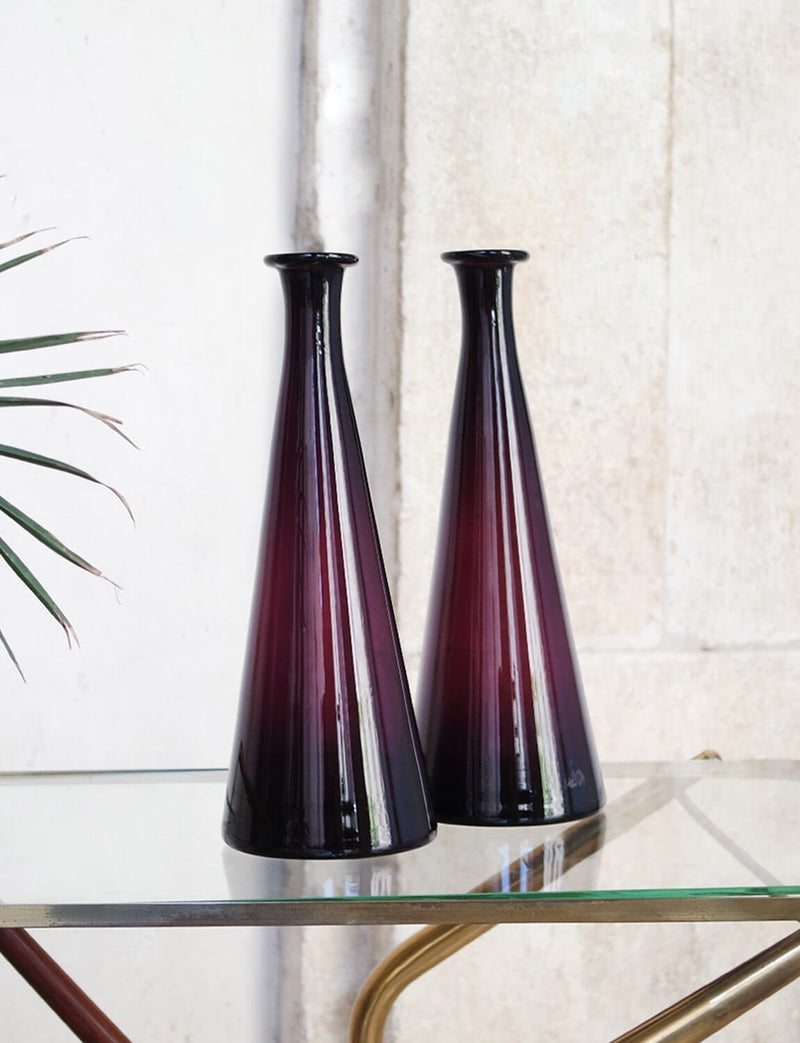 Pair of 1950s Empoli Cranberry Glass Conical Bottles