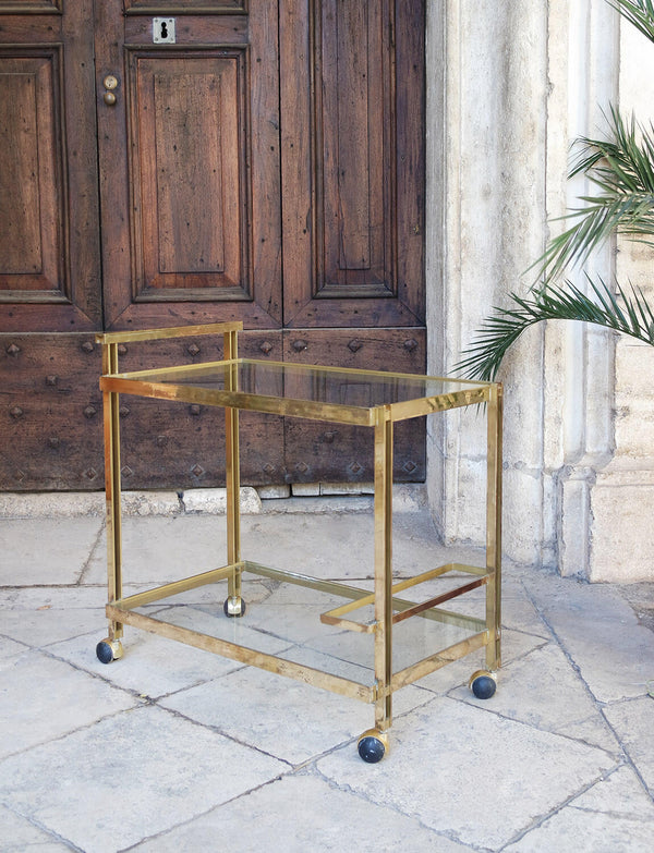 1980s Brass and Glass Drinks Trolley with patina