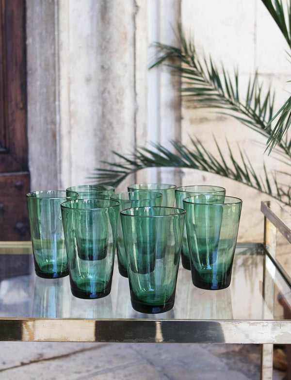 Set of Eight 1950s Large Green Empoli Water Glasses