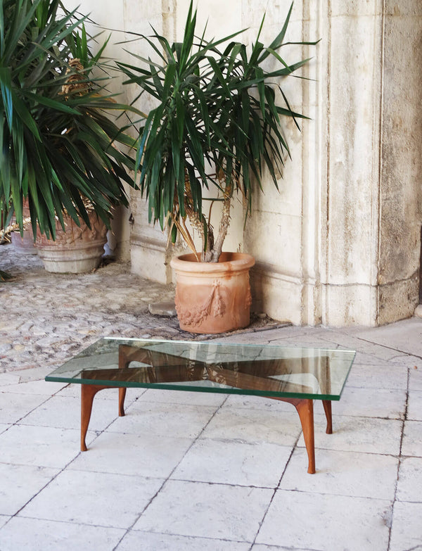 1950s Carved Wood and Glass Coffee Table attributed to Fontana Arte