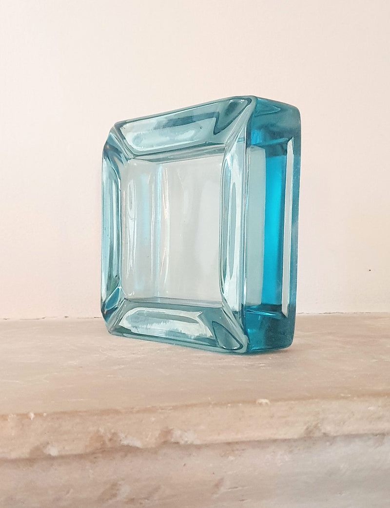 1970s Blue Square Hand Blown Glass Bowl