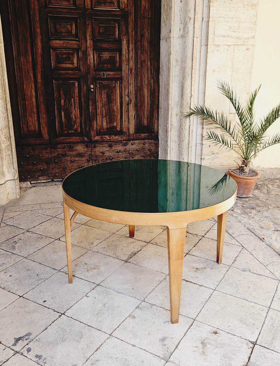 1960s Green Glass and Wooden Round Table