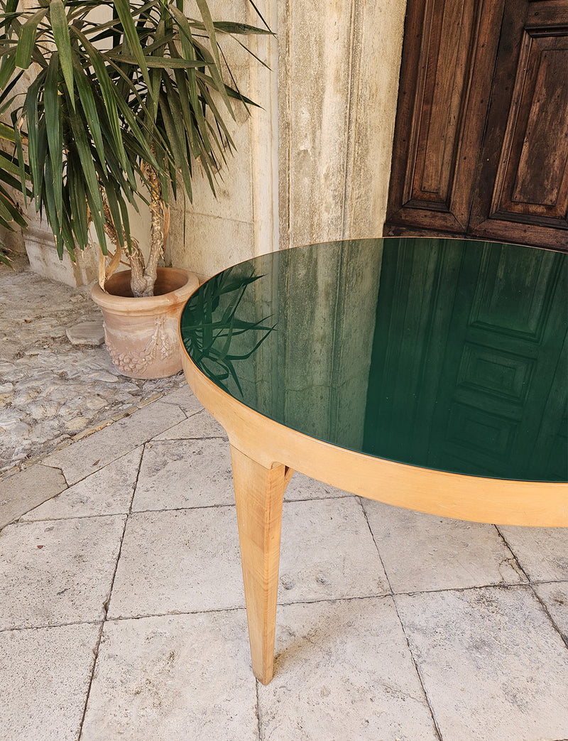 1960s Green Glass and Wooden Round Table