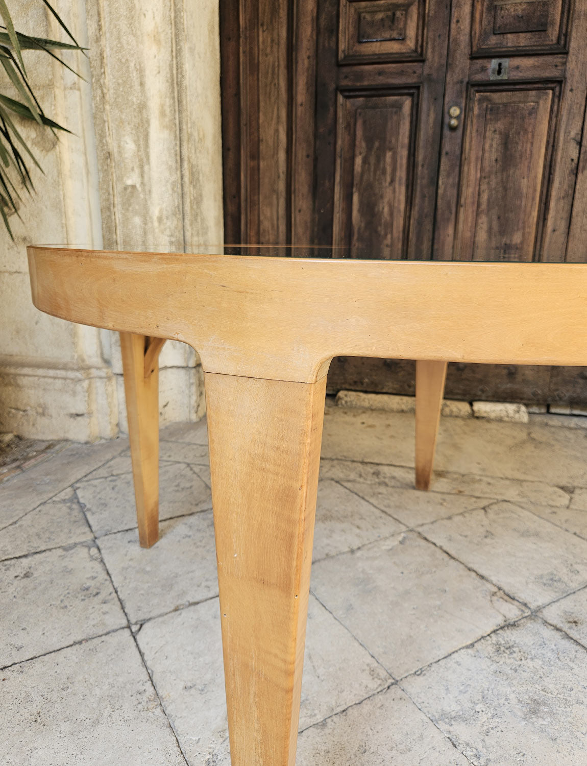 1960s Green Glass and Wooden Round Table