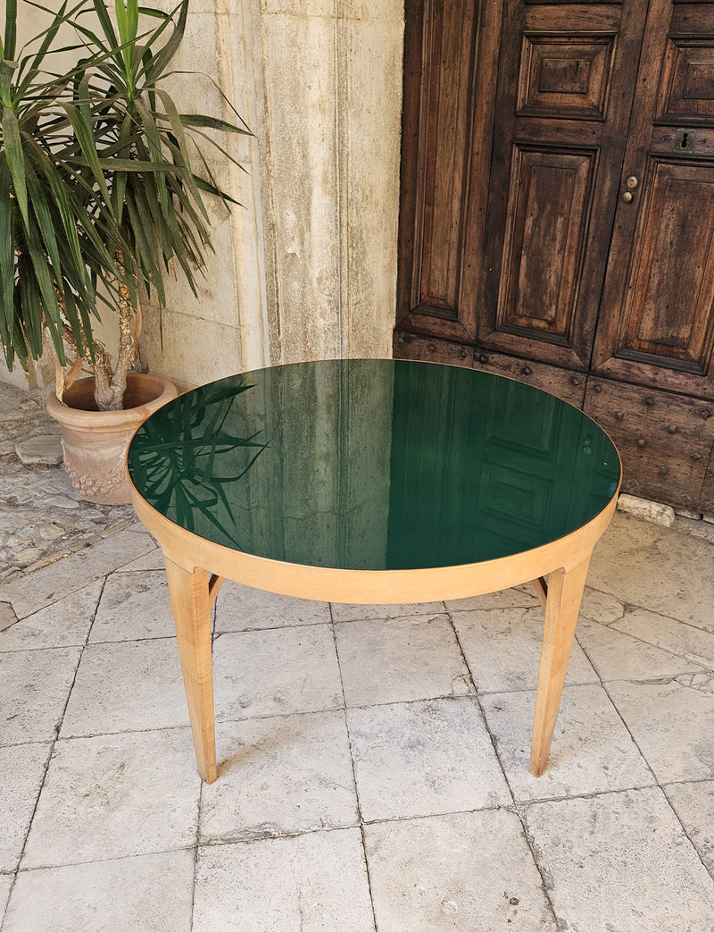 1960s Green Glass and Wooden Round Table