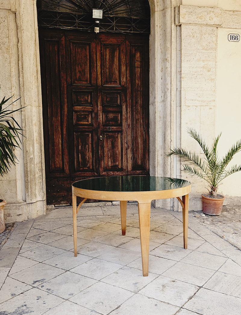 1960s Green Glass and Wooden Round Table