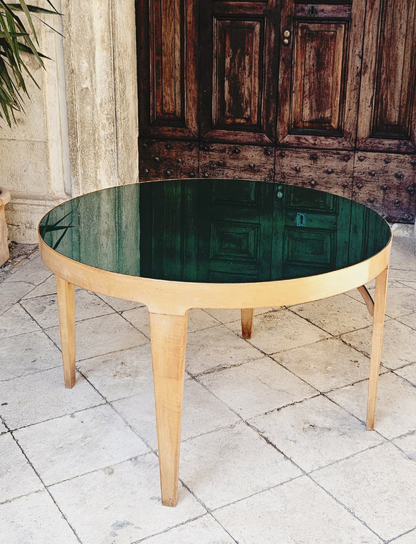 1960s Green Glass and Wooden Round Table