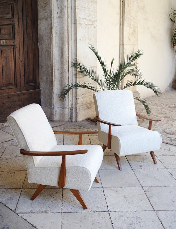 1970s Restored Italian Armchairs reupholstered in Dedar Boucle Fabric