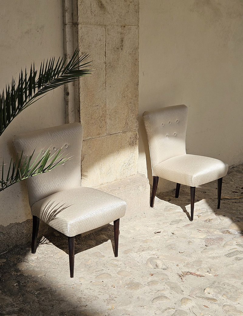 Pair of 1960s Italian Chairs Reupholstered in Cream Silk Fabric