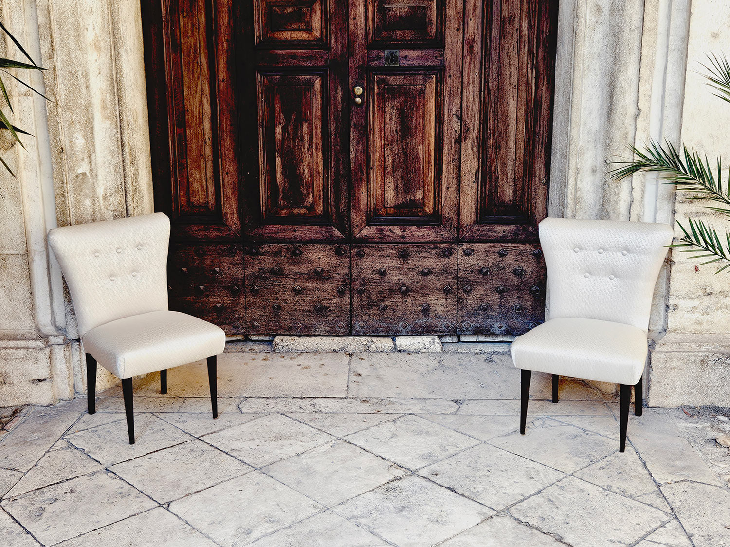 Pair of 1960s Italian Chairs Reupholstered in Cream Silk Fabric