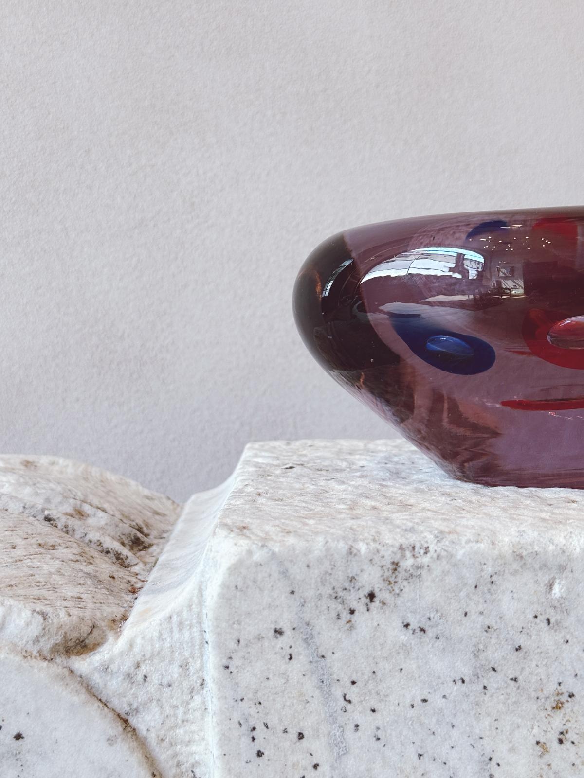 1970s Murano Glass Purple Organic Glass Bowl with blue and red splashes