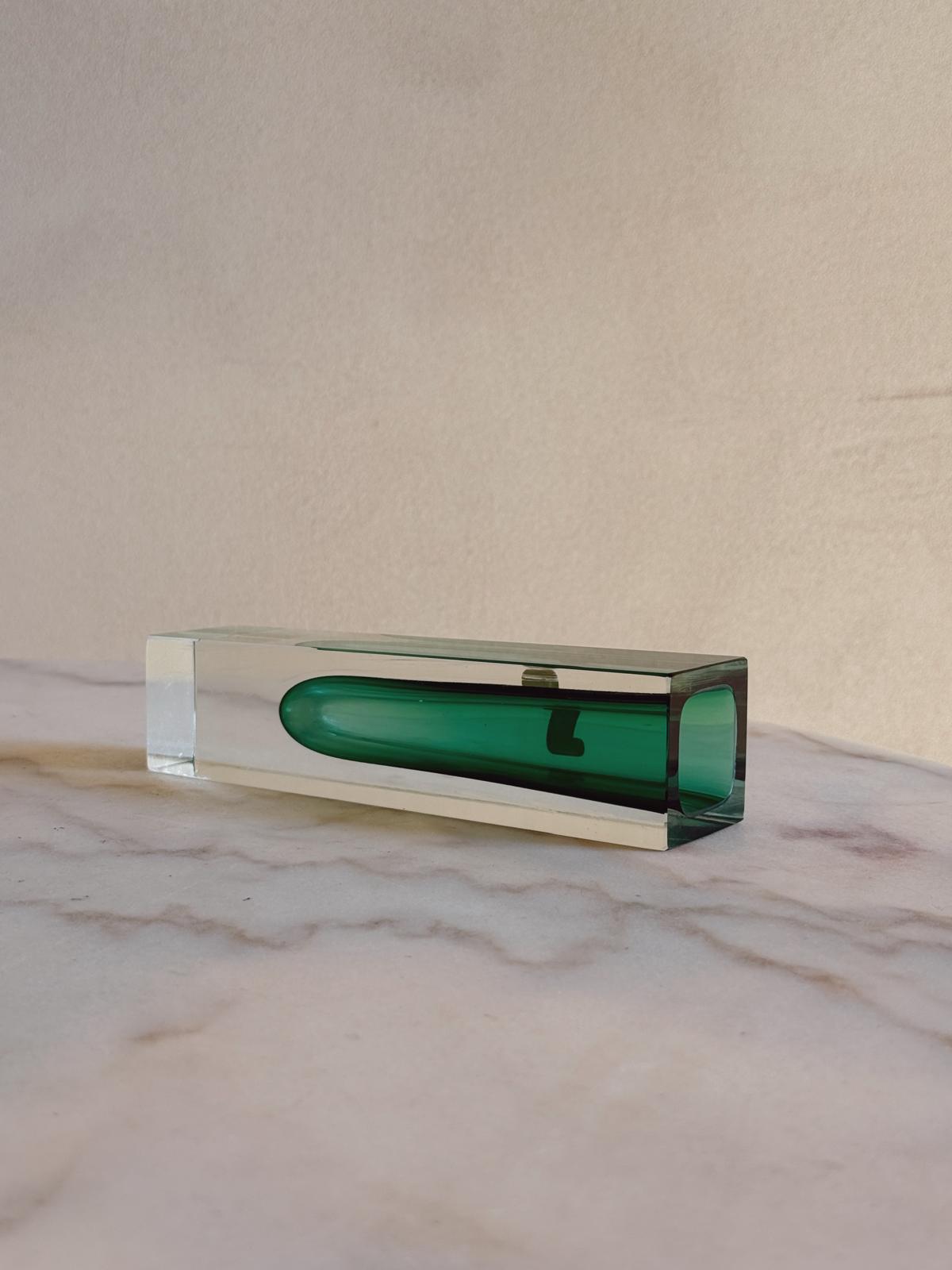 1970s Mandruzzato Small Emerald Green Oblong Murano Glass Vase