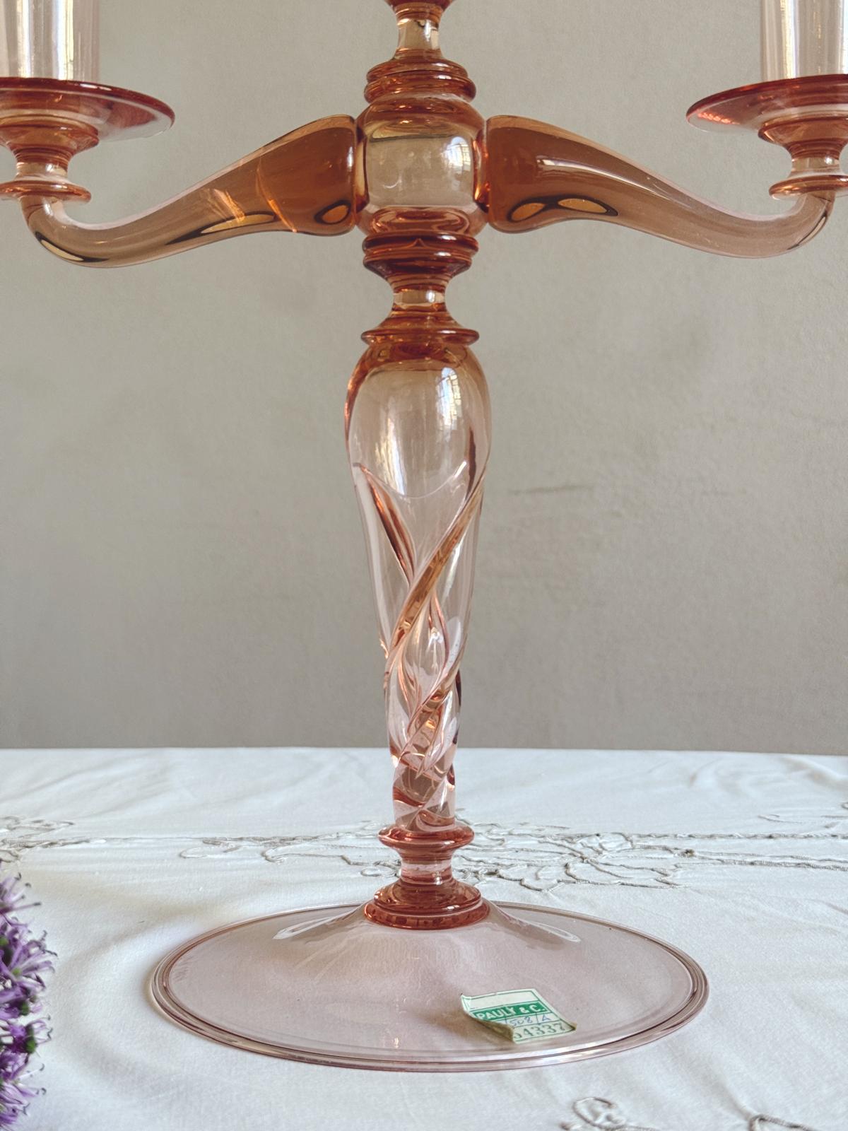 Hand-Blown Murano Glass Pink Candelabra by Pauly & Co, 1940s