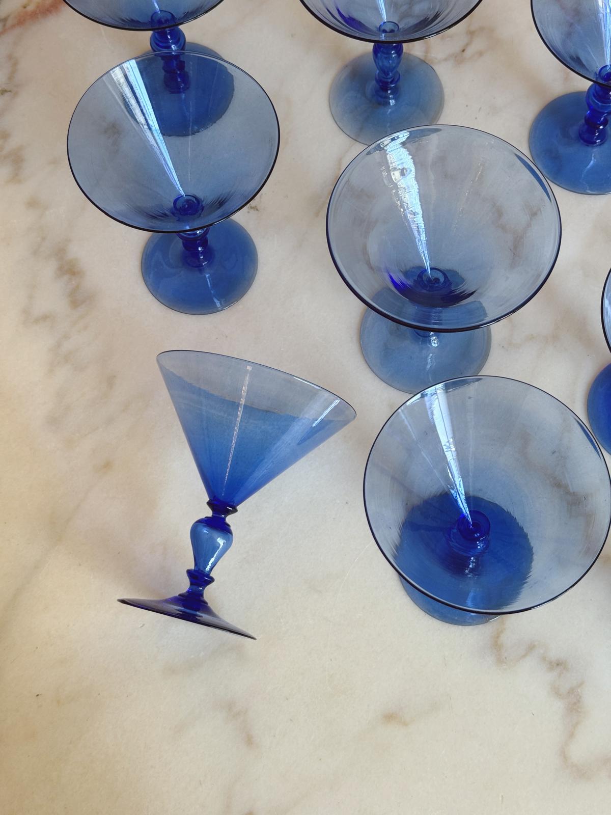 1920s Barovier Blue Hand-blown Murano Cocktail Glasses (Set of 12)