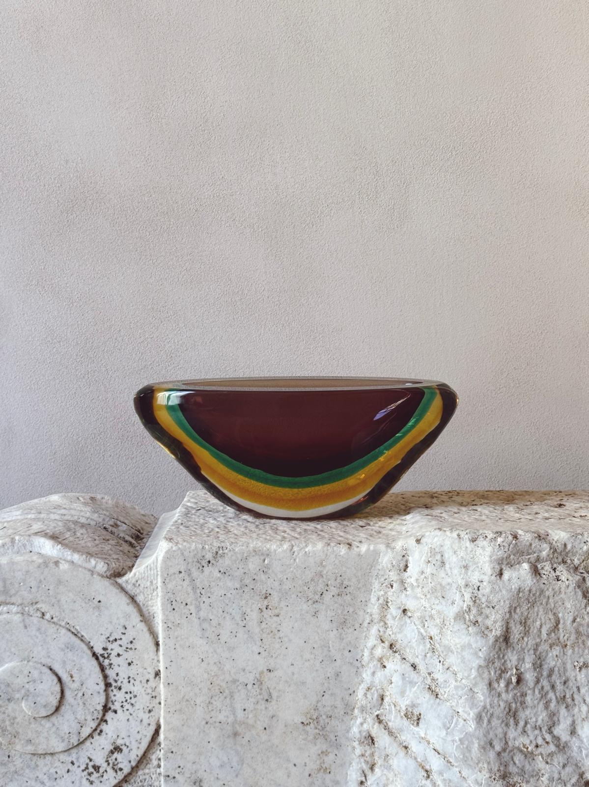 1960s Large Flavio Poli Triple Sommerso Bowl in Brown, Green & Yellow