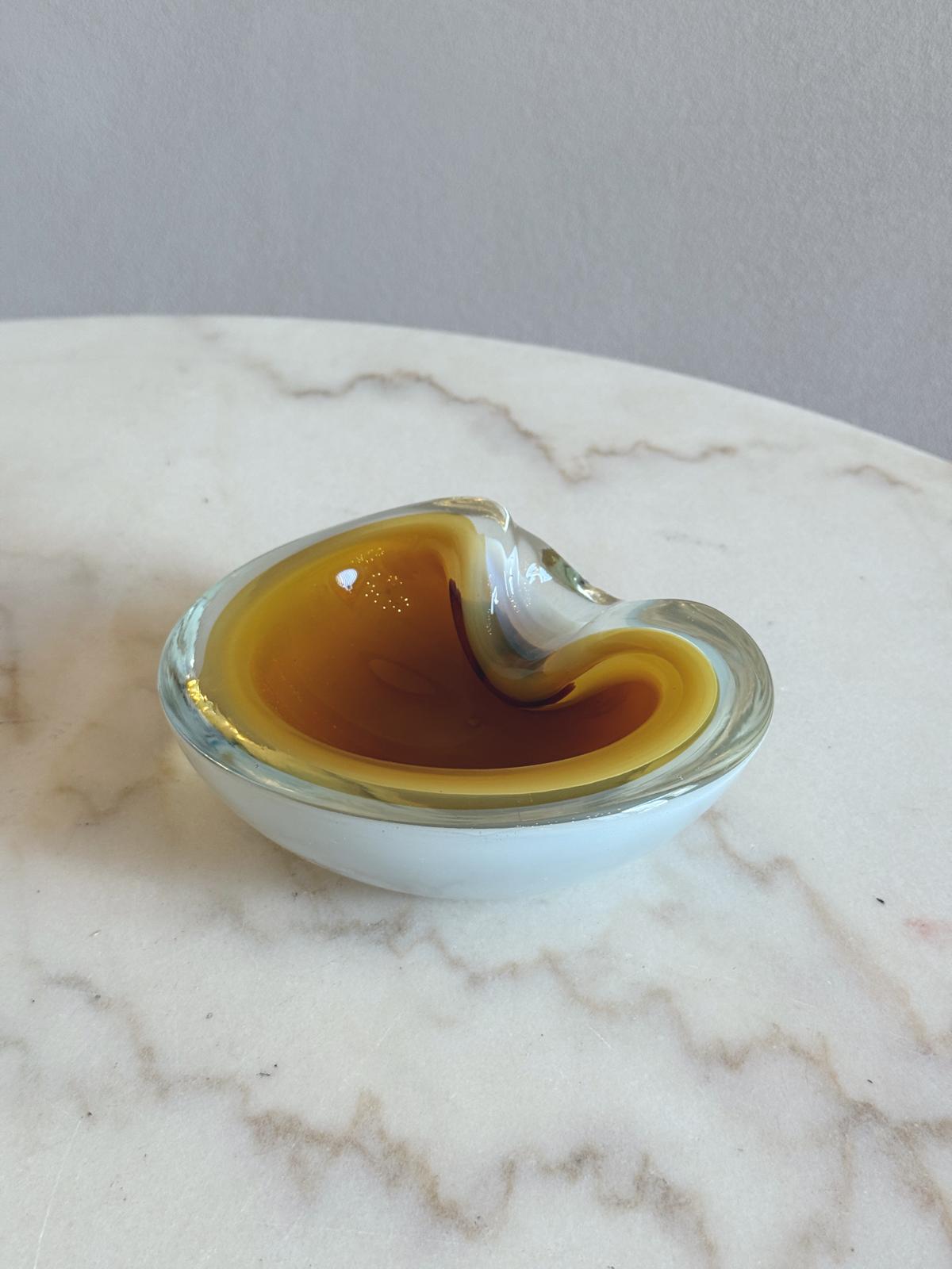 1970s Hand-blown Murano Glass White and Amber Bowl