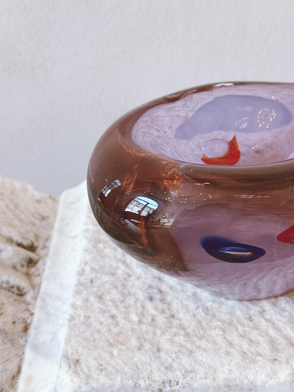1970s Murano Glass Purple Organic Glass Bowl with blue and red splashes