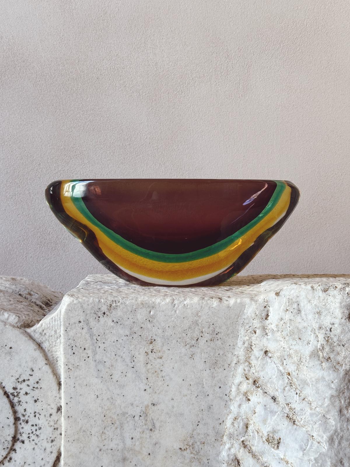 1960s Large Flavio Poli Triple Sommerso Bowl in Brown, Green & Yellow
