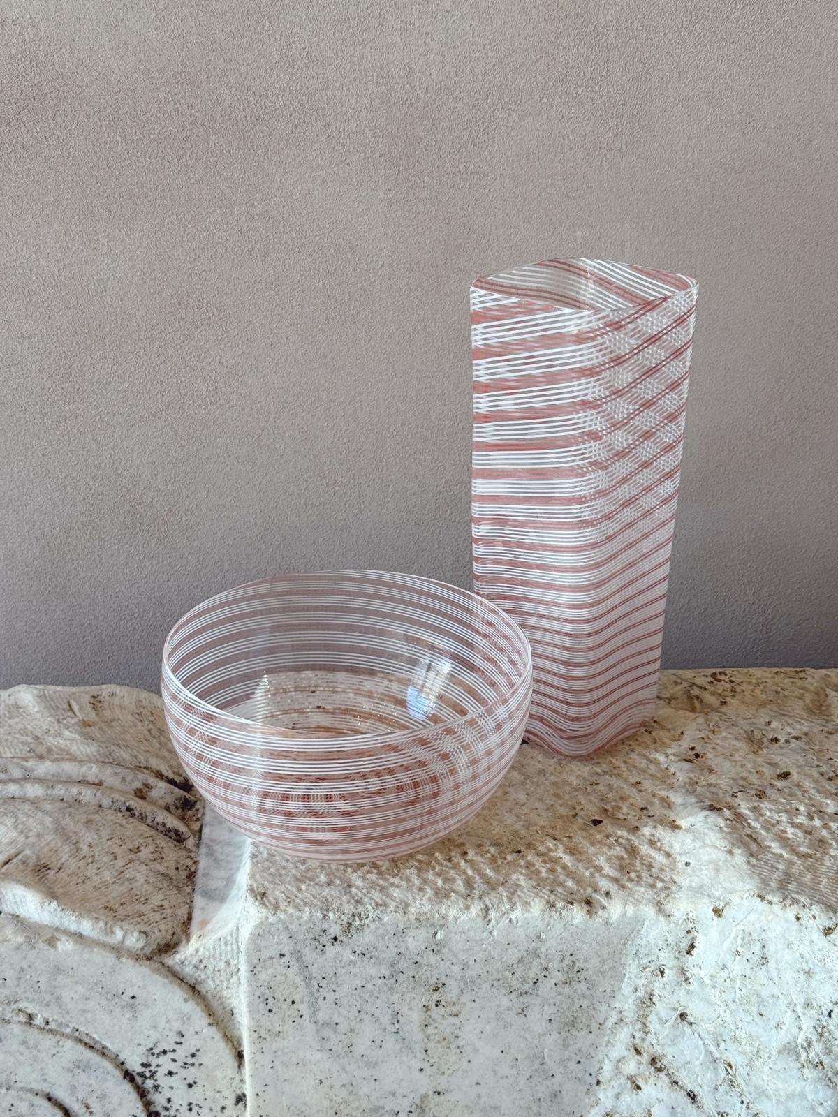 1970s Barovier & Toso Signed Pink & White Murano Glass Vase and Bowl