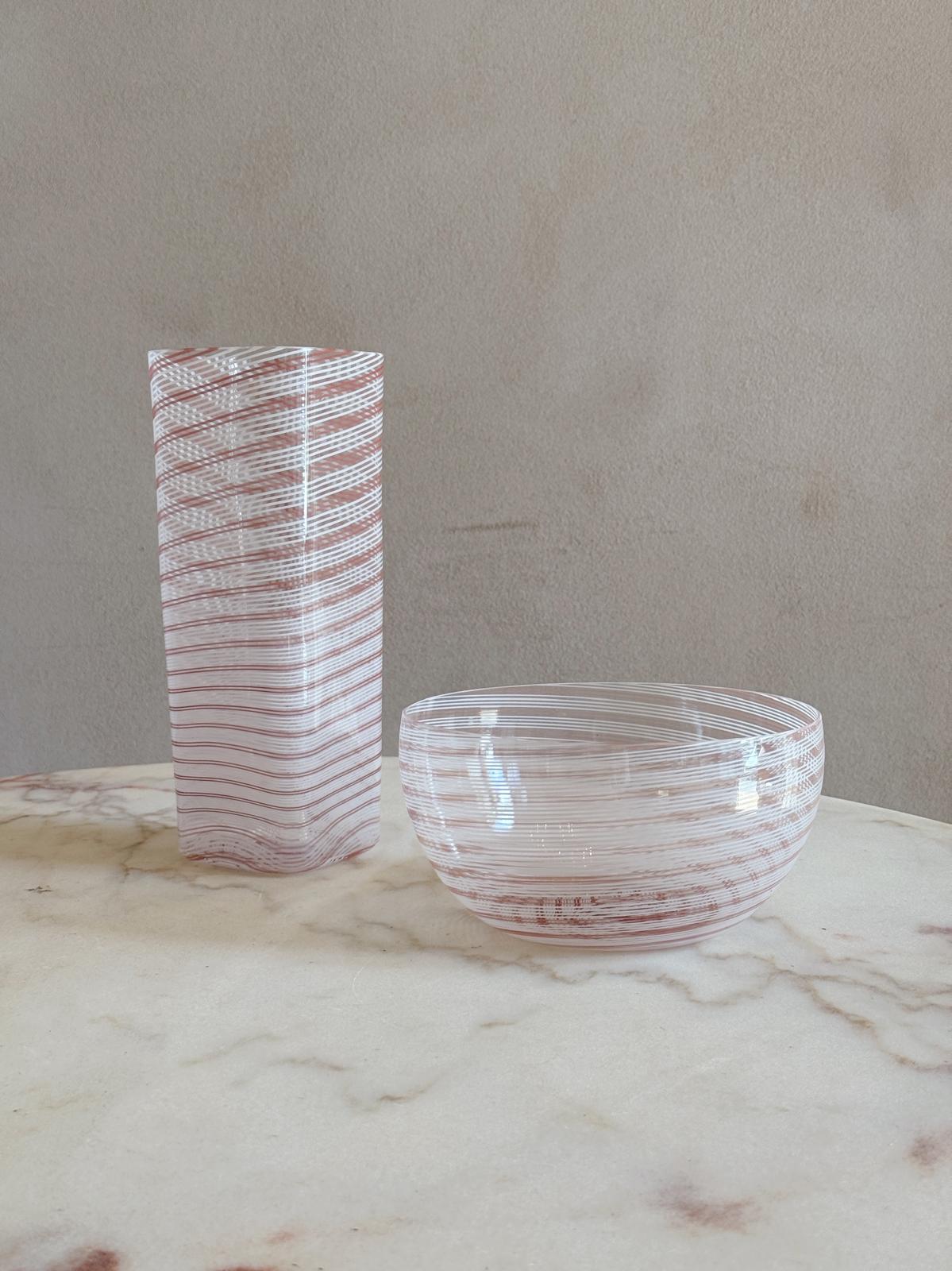 1970s Barovier & Toso Signed Pink & White Murano Glass Vase and Bowl