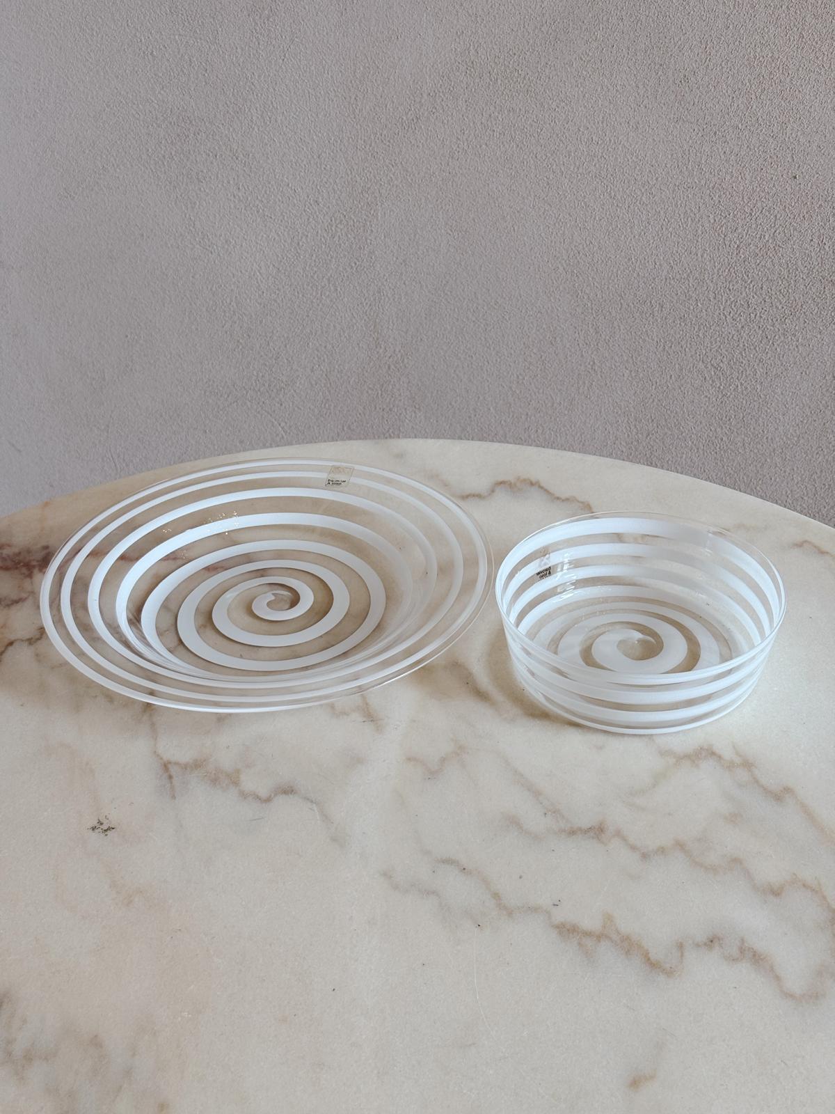1970s Barovier & Toso Hand-blown White Swirl Plate & Bowl Set