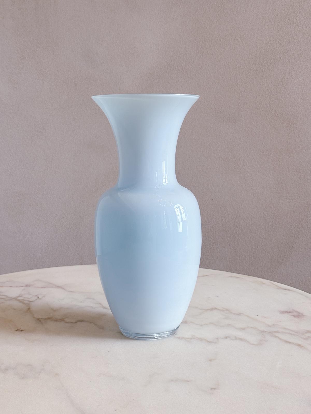 Pair of Powder Blue and Green Hand-blown Murano Glass Venini Vases, 1980s