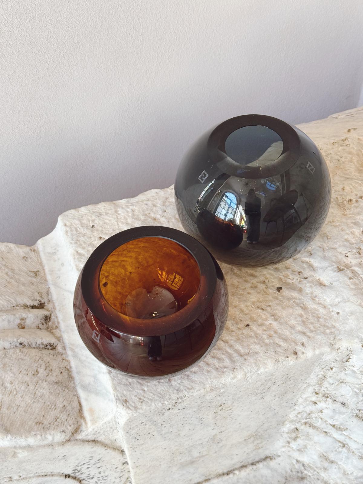 Duo of Blue & Brown Murano Glass Spherical Bowls for Fendi Casa