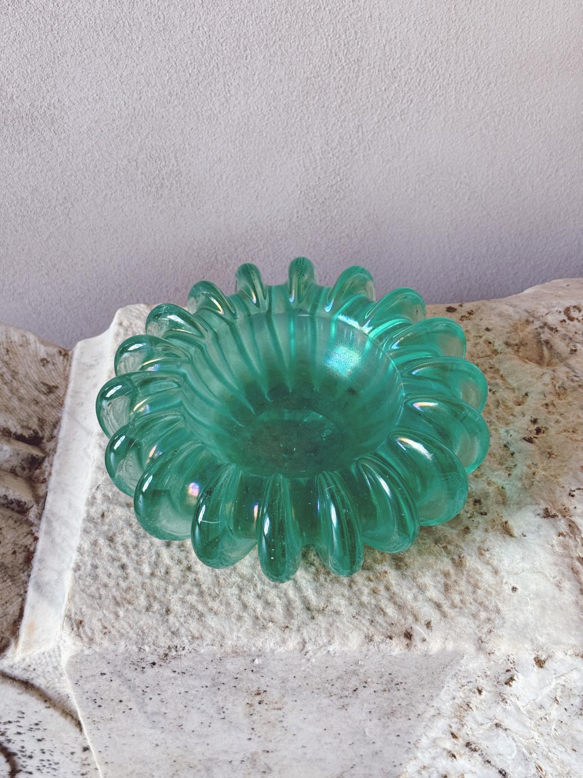 1970s Hand-blown Murano Glass Turquoise ridged bowl