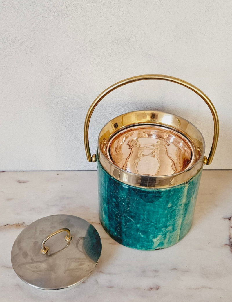 1960s Aldo Tura Green Goatskin Ice bucket and Cocktail Jug