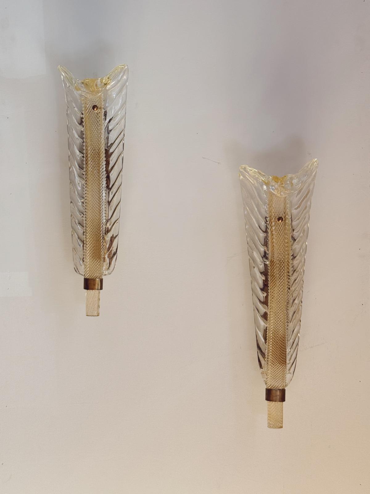 Pair of ex-Bauer Hotel   Murano glass Leaf Wall lights, attributed to Seguso Vetri d’Arte, Venice, 1950s