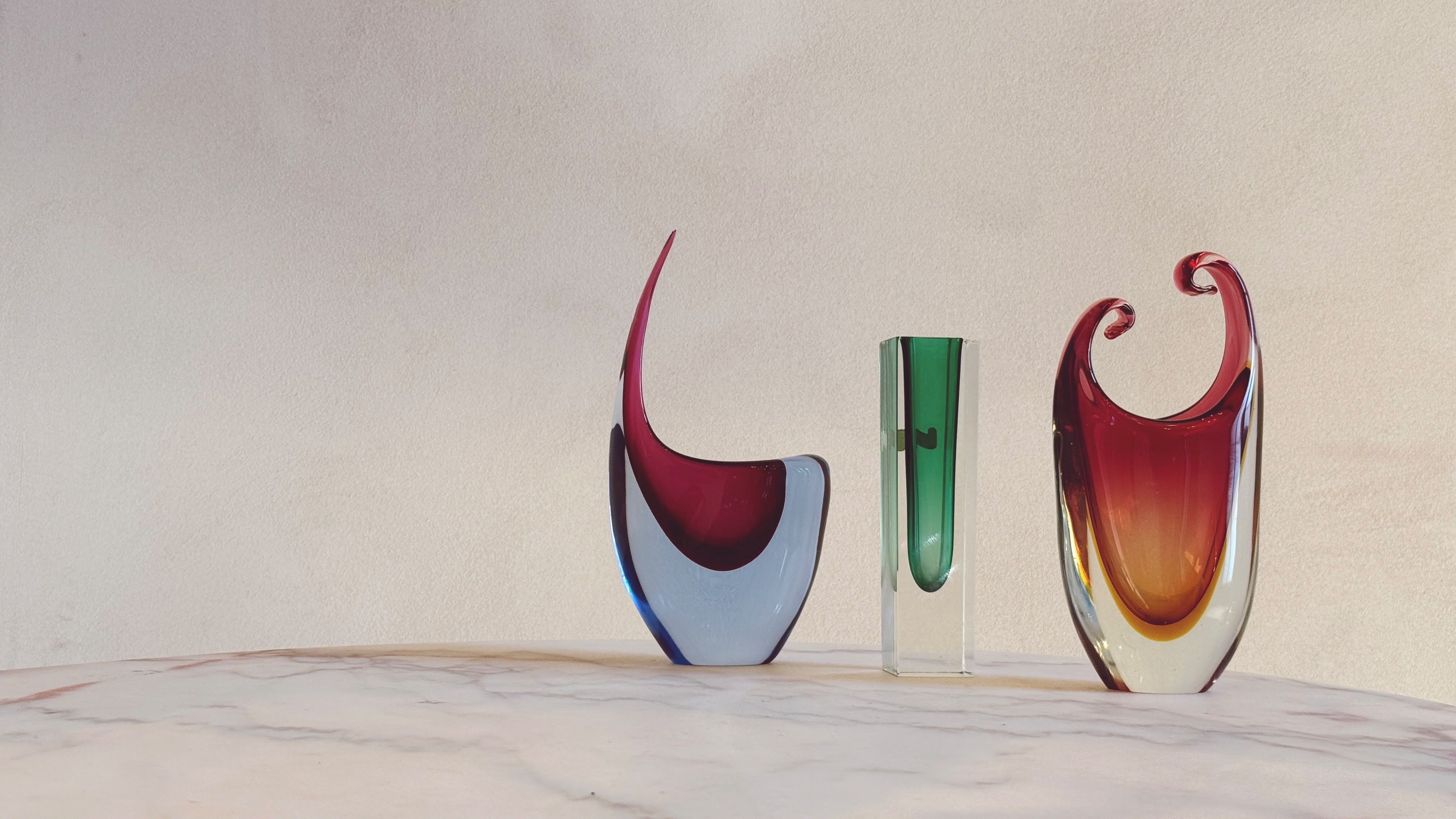 1970s Orange and Pink Triple Sommerso Murano Glass Curled Vase