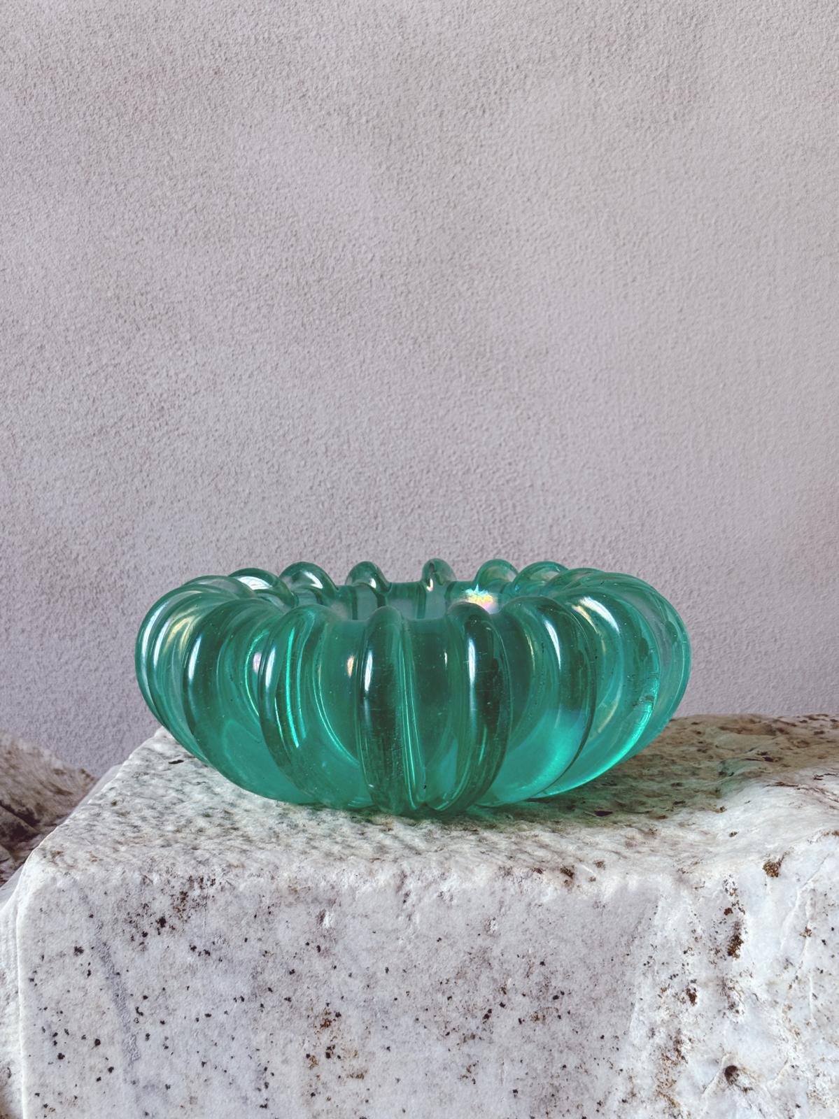 1970s Hand-blown Murano Glass Turquoise ridged bowl