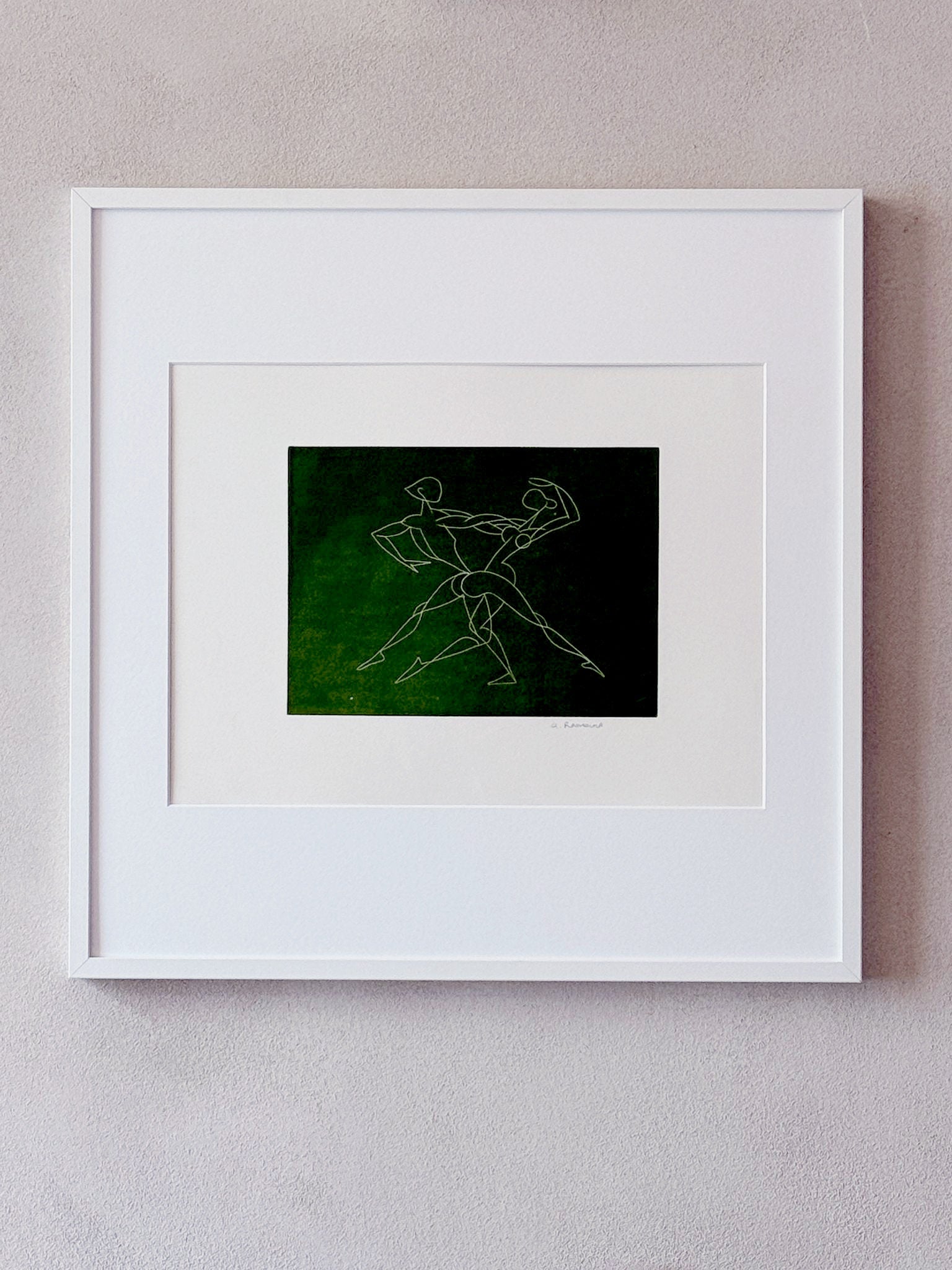 White on green, Abstract Dancers, Lithograph, 1976 A. Romano