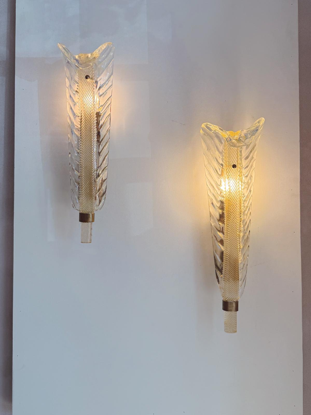 Pair of ex-Bauer Hotel   Murano glass Leaf Wall lights, attributed to Seguso Vetri d’Arte, Venice, 1950s