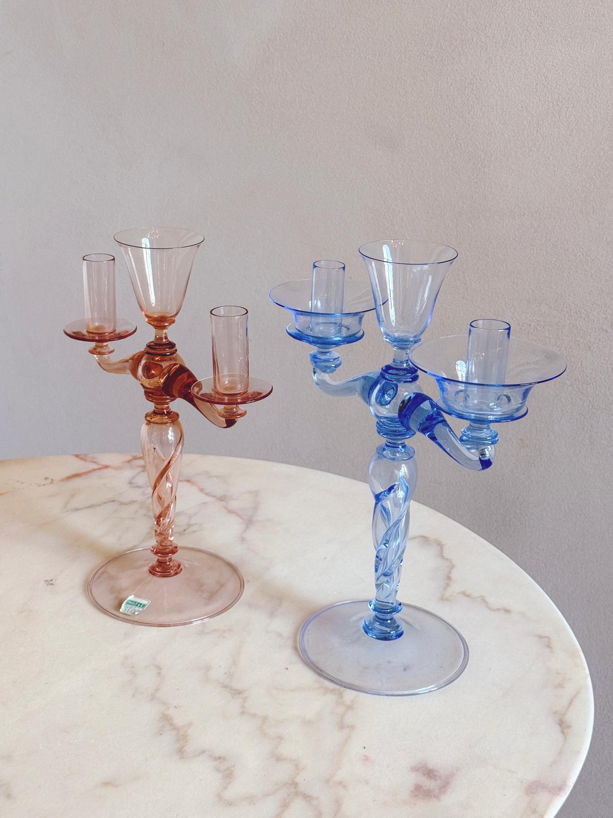 Pair of Hand-Blown Murano Glass Blue and Pink Candelabra by Pauly & Co, 1940s