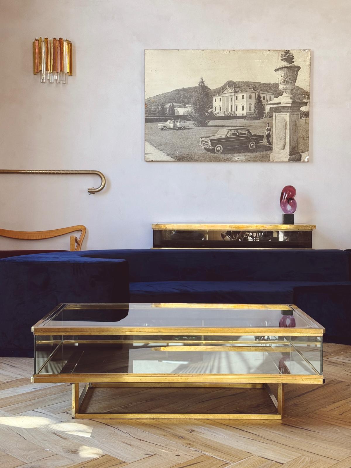 1960s Brass and Glass Coffee Table with sliding top