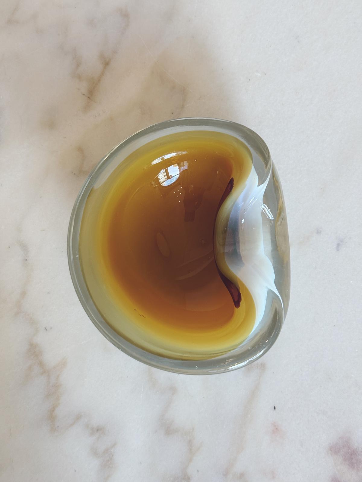 1970s Hand-blown Murano Glass White and Amber Bowl
