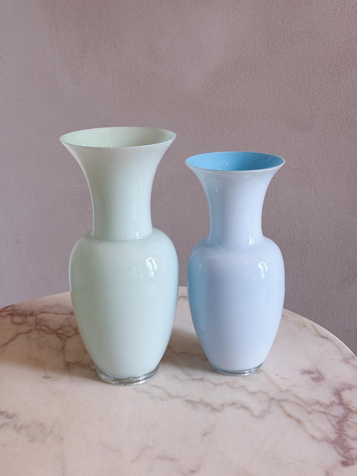 Pair of Powder Blue and Green Hand-blown Murano Glass Venini Vases, 1980s
