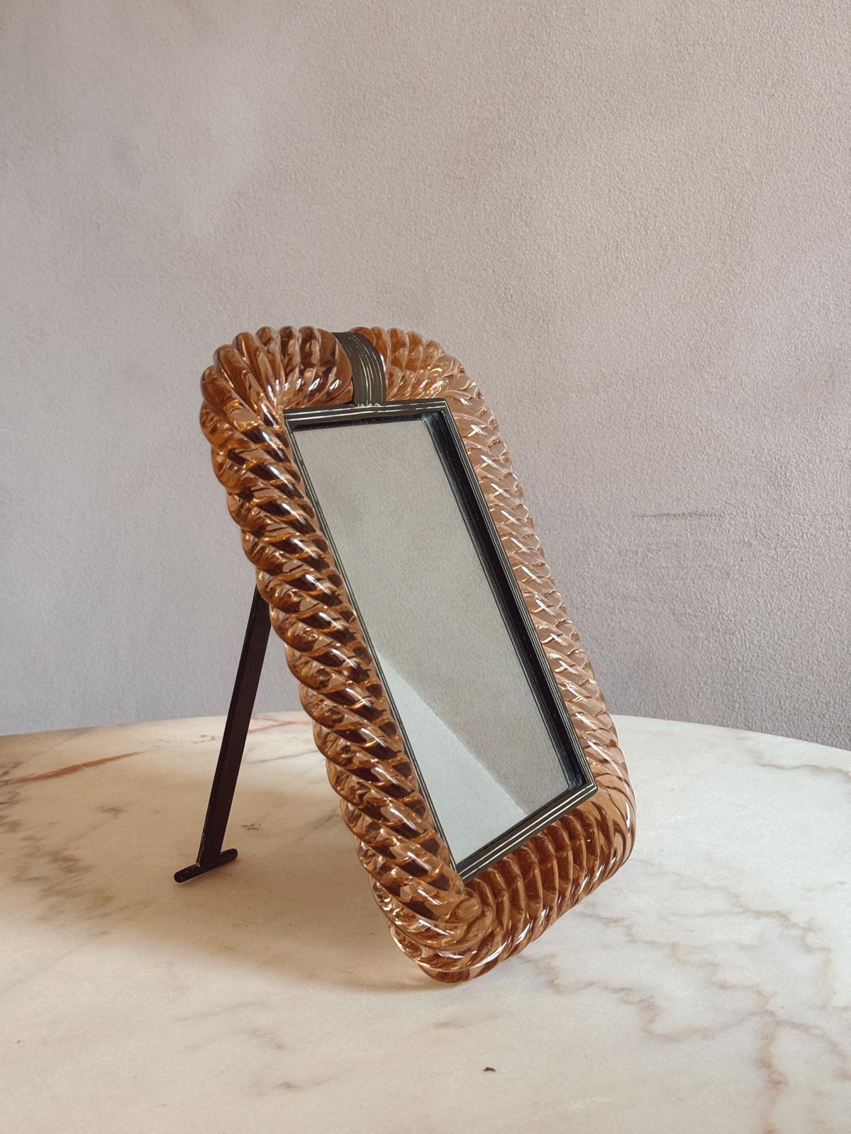 1950s Signed Peach Murano Glass Venini Frame and Mirror