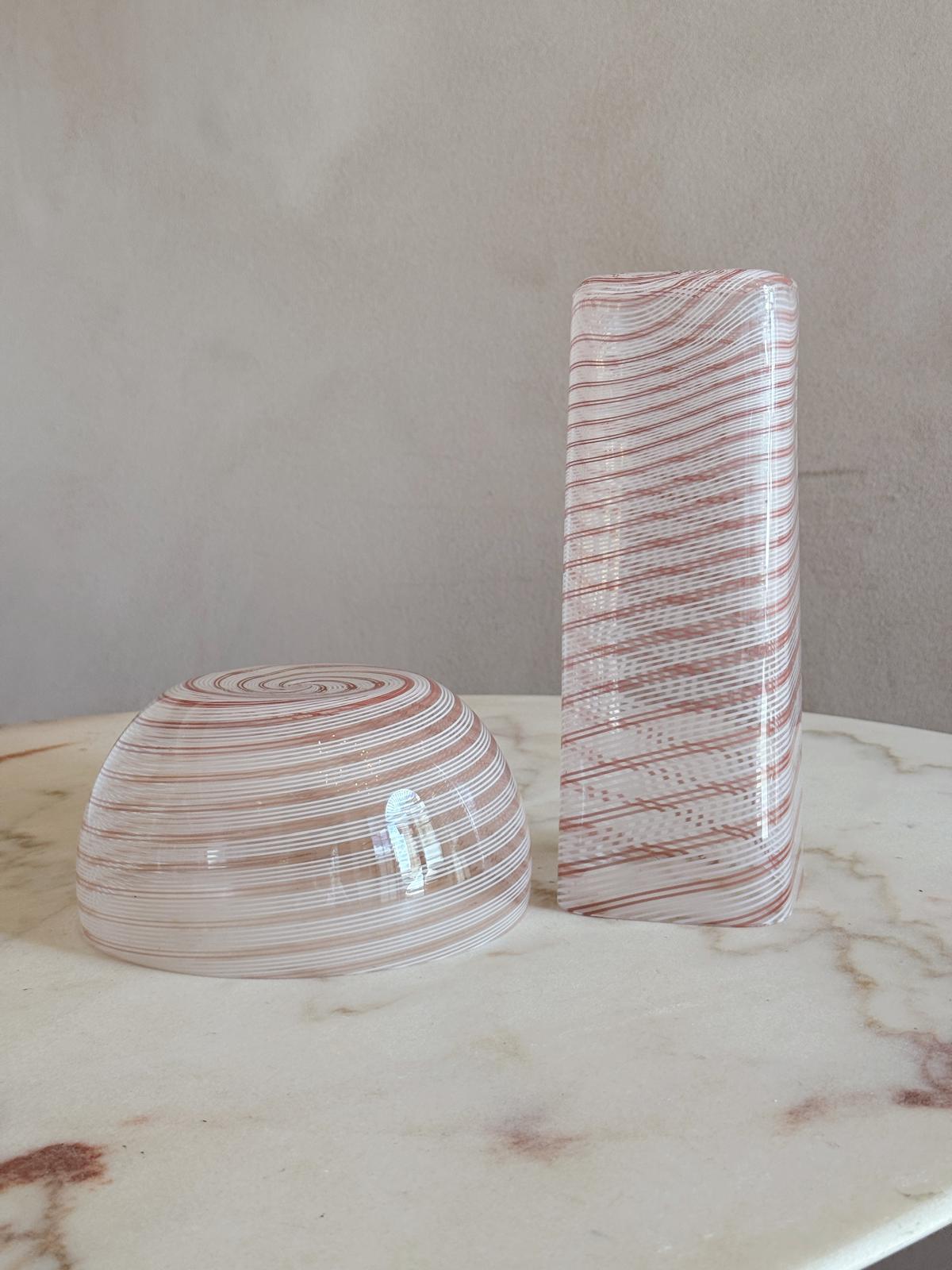 1970s Barovier & Toso Signed Pink & White Murano Glass Vase and Bowl